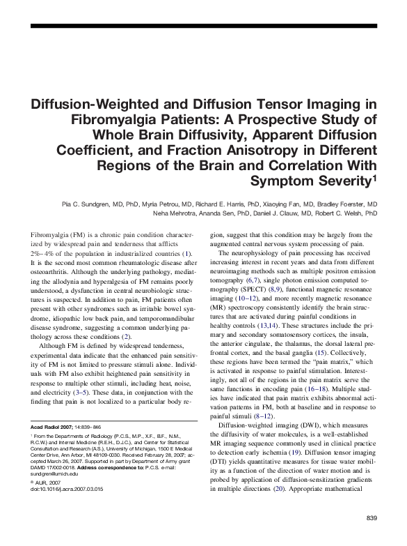 (PDF) Diffusion-Weighted and Diffusion Tensor Imaging in Fibromyalgia ...