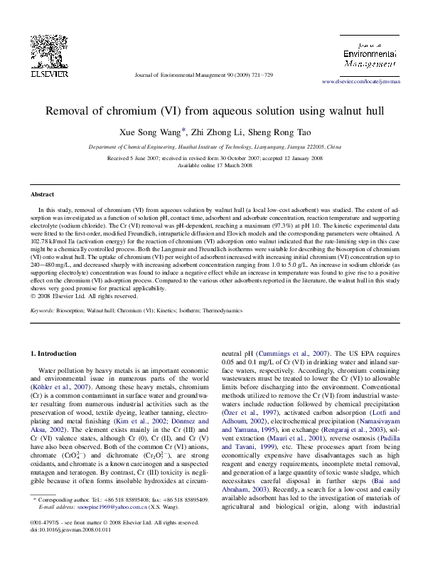 (PDF) Removal of chromium (VI) from aqueous solution using chemically ...