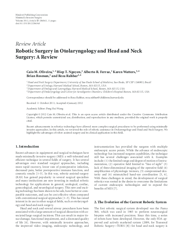 (PDF) Robotic surgery in otolaryngology and head and neck surgery: a review