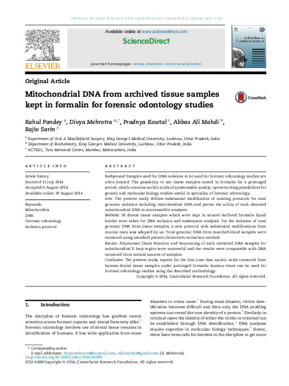 (PDF) Mitochondrial DNA from archived tissue samples kept in formalin ...