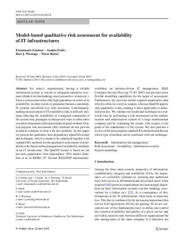 (PDF) Model-based qualitative risk assessment for availability of IT ...