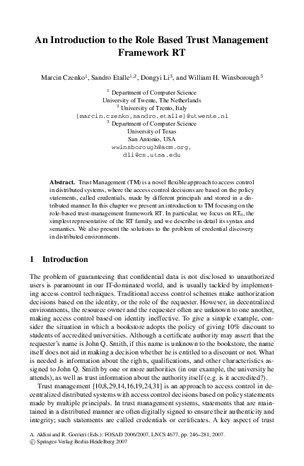 (PDF) An Introduction to the Role Based Trust Management Framework RT
