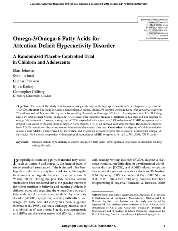 (PDF) Omega3/Omega6 Fatty Acids for Attention Deficit Hyperactivity