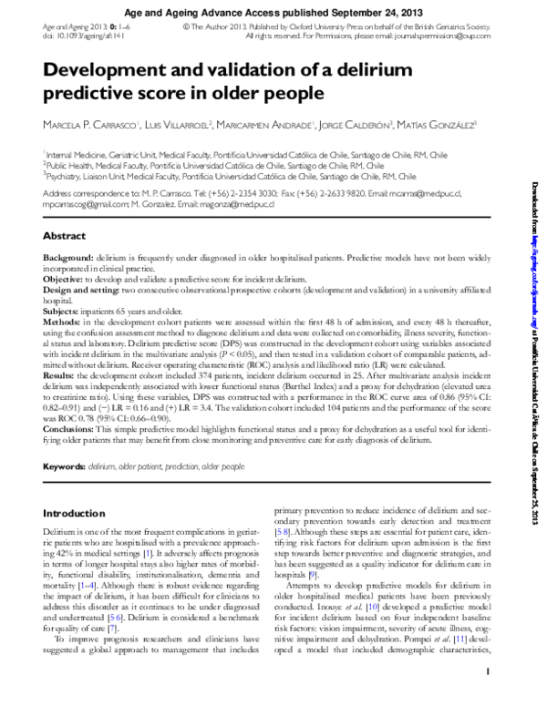 (PDF) Development and validation of a delirium predictive score in ...