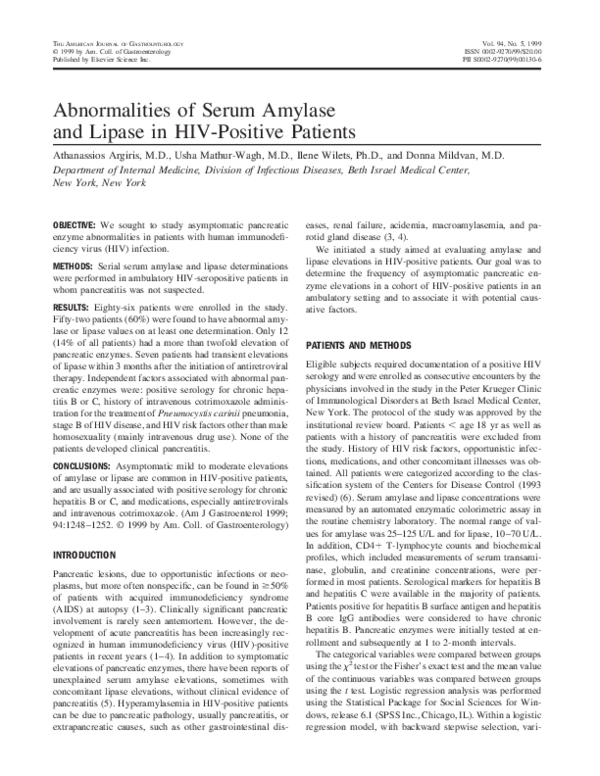 (PDF) Abnormalities of serum amylase and lipase in HIV-positive patients