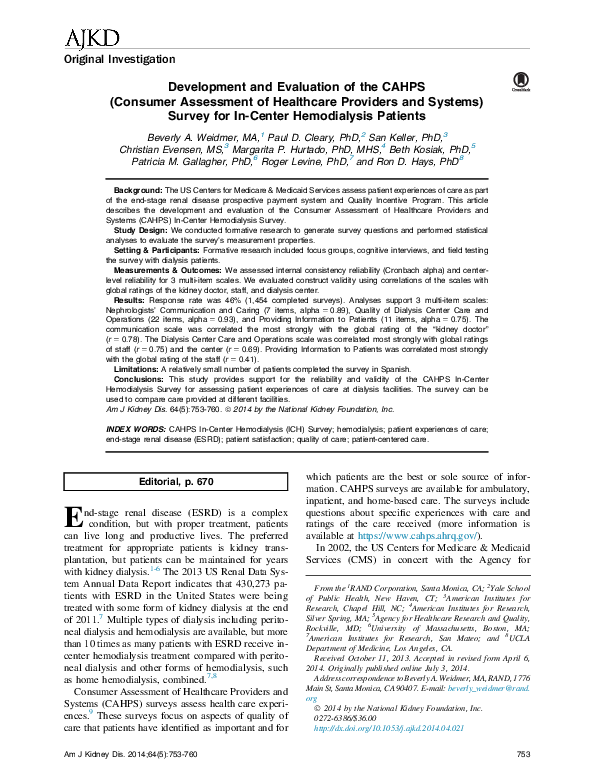 Pdf Development And Evaluation Of The Cahps Consumer Assessment Of