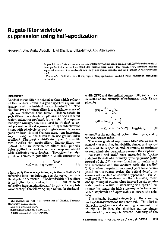 (PDF) Rugate filter sidelobe suppression using half-apodization