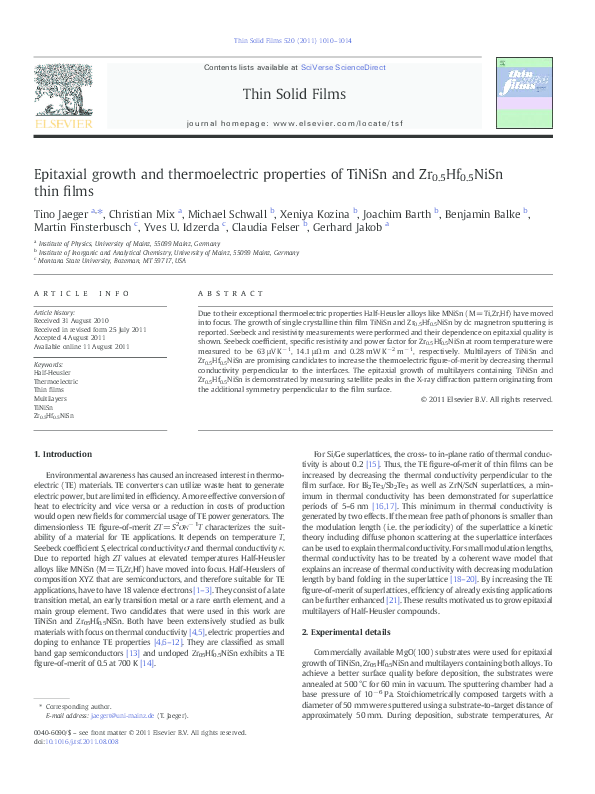 (PDF) Epitaxial growth and thermoelectric properties of TiNiSn and Zr0 ...