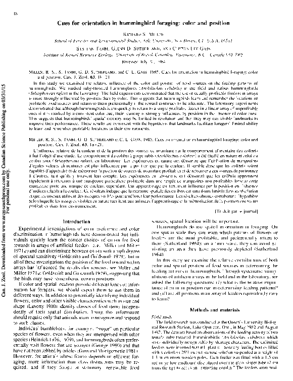 Pdf Cues For Orientation In Hummingbird Foraging Color And Position G Sutherland Staffan Tamm And Glenn Sutherland Academia Edu