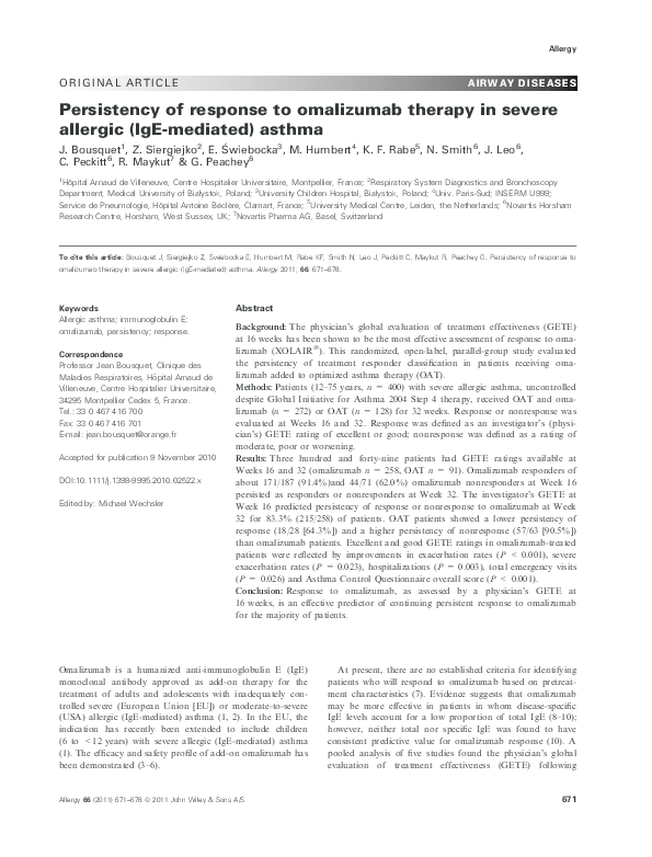 (PDF) Persistency of response to omalizumab therapy in severe allergic ...