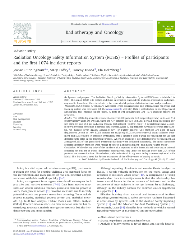 (PDF) Radiation Oncology Safety Information System (ROSIS) – Profiles ...