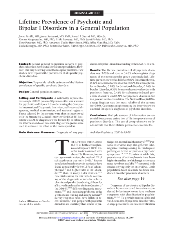 (PDF) Lifetime Prevalence of Psychotic and Bipolar I Disorders in a ...