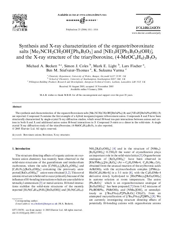 (PDF) Synthesis and X-ray characterization of the organotriboroxinate ...