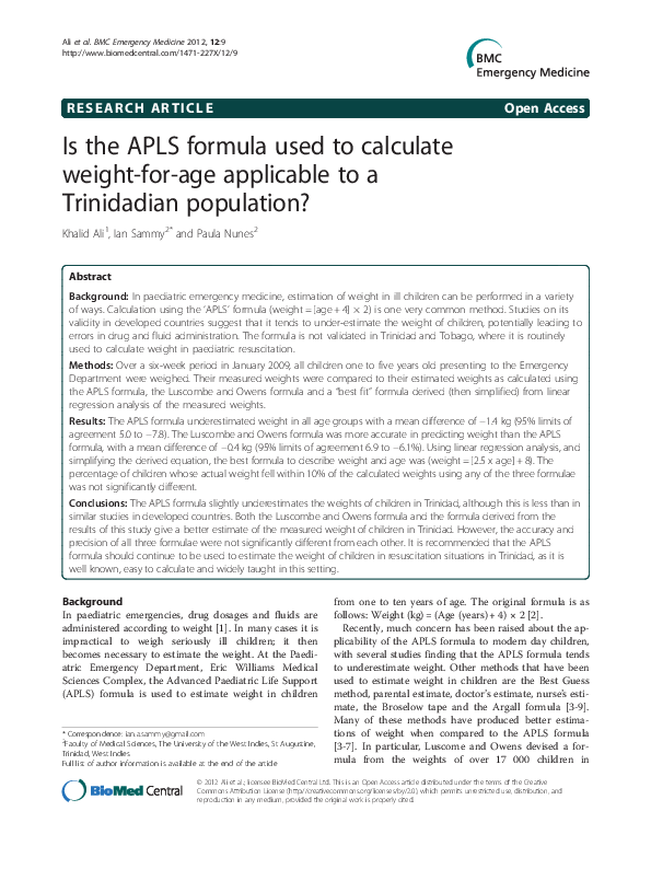 (PDF) Is the APLS formula used to calculate weight-for-age applicable ...