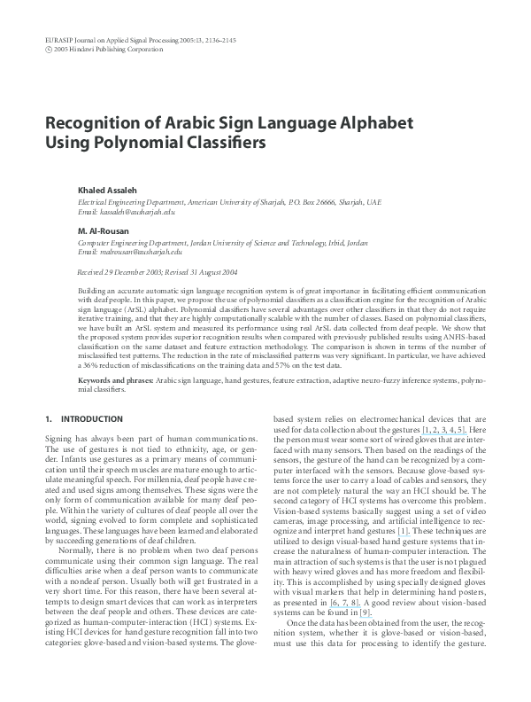 (PDF) Recognition of Arabic Sign Language Alphabet Using Polynomial ...