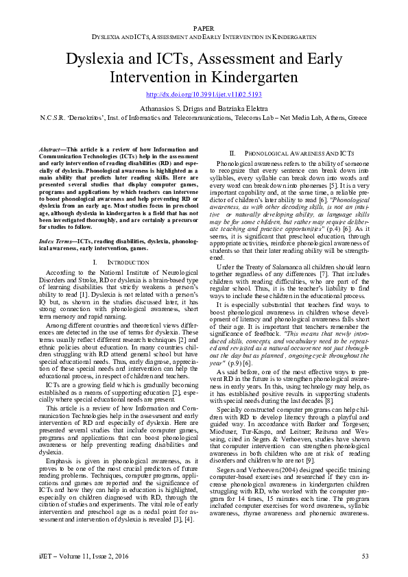 (PDF) Dyslexia and ICTs, Assessment and Early Intervention in Kindergarten