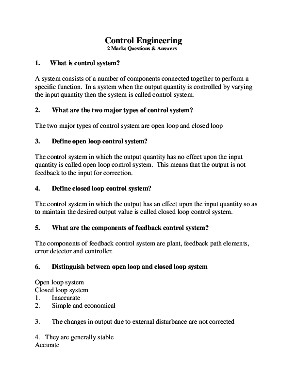 (PDF) Control Engineering 2 Marks Questions & Answers Venkatesh Re