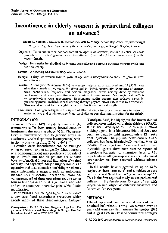 (PDF) Incontinence in elderly women: is periurethral collagen an advance?