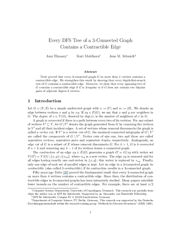 (PDF) Every DFS Tree of a 3-Connected Graph Contains a Contractible Edge