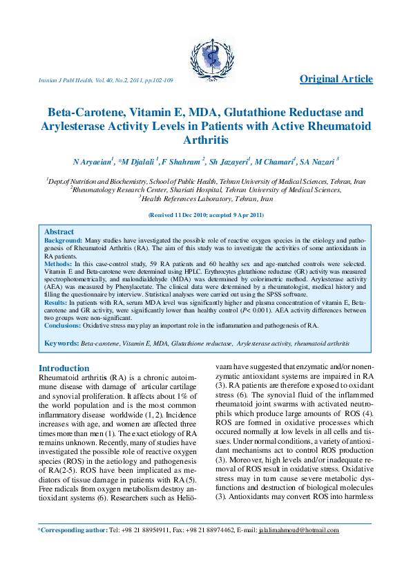 (PDF) BetaCarotene, Vitamin E, MDA, Glutathione Reductase and