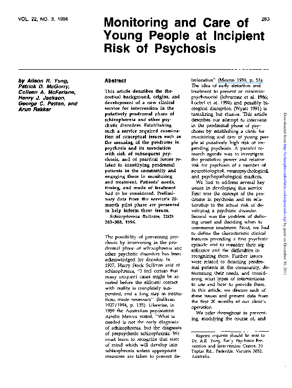 (PDF) Monitoring and Care of Young People at Incipient Risk of Psychosis