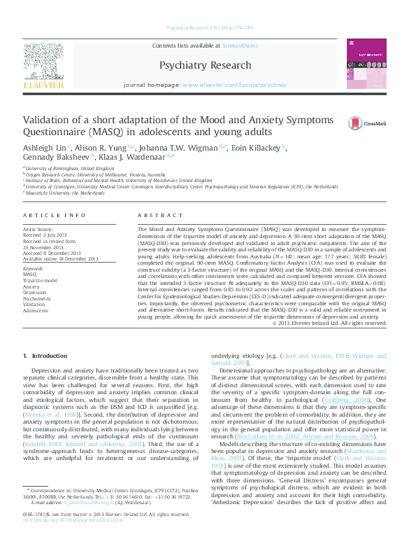 (PDF) Validation of a short adaptation of the Mood and Anxiety Symptoms ...