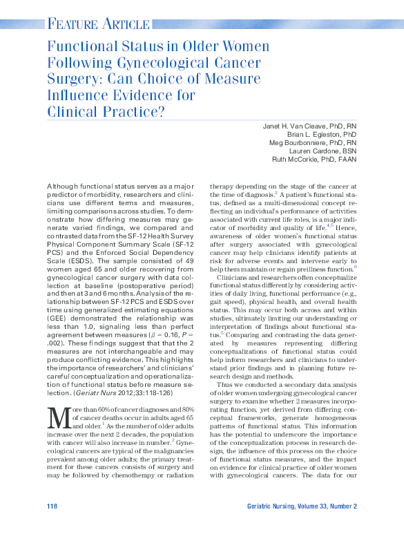 (PDF) Functional Status in Older Women Following Gynecological Cancer ...