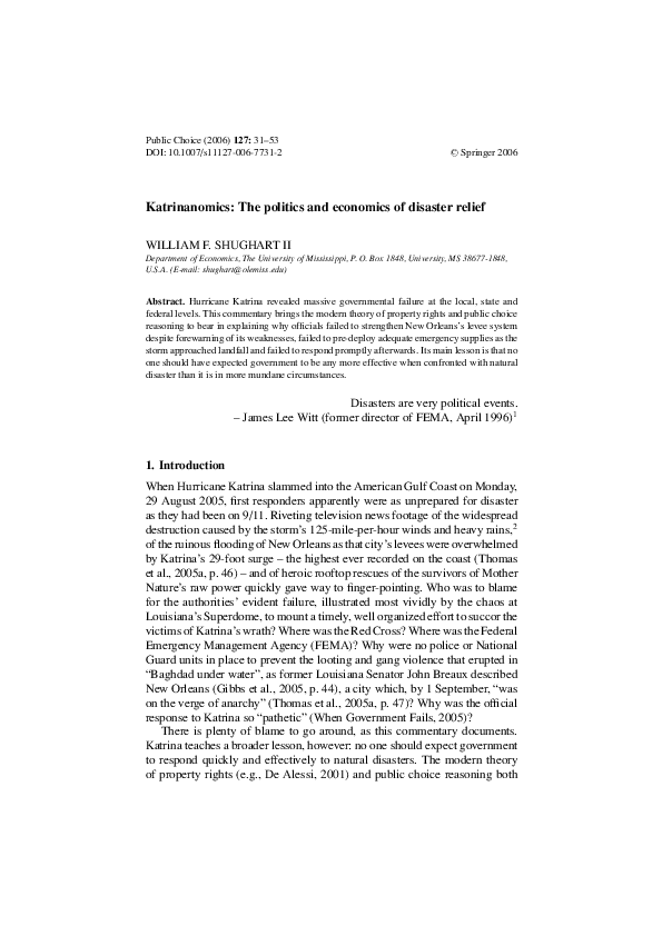 Katrinanomics: The politics and economics of disaster relief