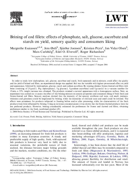 (PDF) Brining of cod fillets: effects of phosphate, salt, glucose ...