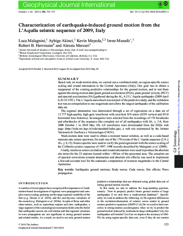 (PDF) Characterization of earthquake-induced ground motion from the L ...
