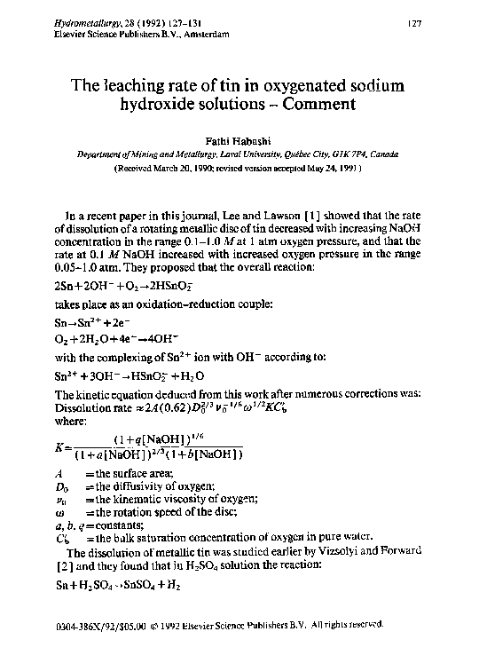 (PDF) The leaching rate of tin in oxygenated sodium hydroxide solutions ...