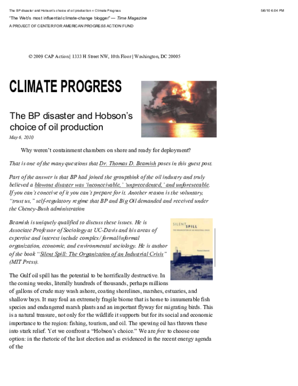 Pdf The Bp Disaster And Hobson S Choice Of Oil Production