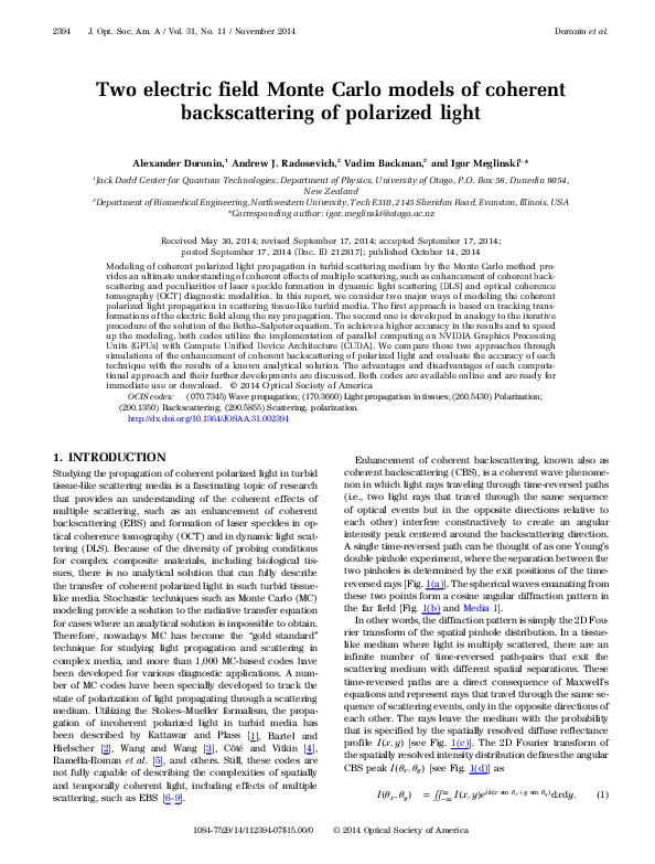 (PDF) Two electric field Monte Carlo models of coherent backscattering ...