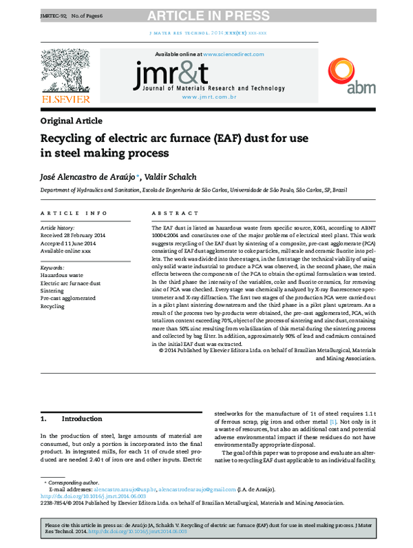 (PDF) Recycling of electric arc furnace (EAF) dust for use in steel