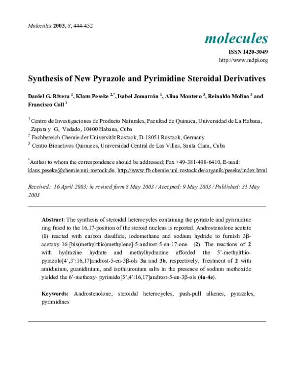 (PDF) Synthesis of New Pyrazole and Pyrimidine Steroidal Derivatives