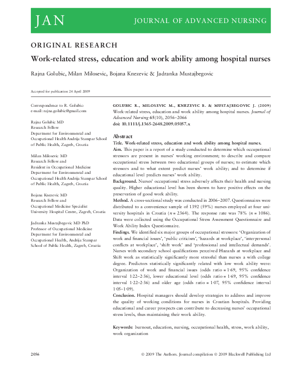  pdf work related stress education and work ability among hospital