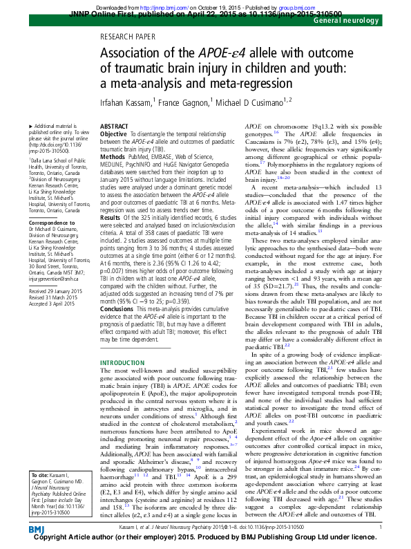 (PDF) Association of the APOE-ε4 allele with outcome of traumatic brain ...