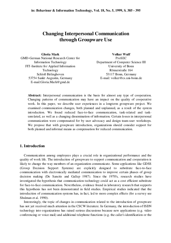 (PDF) Changing interpersonal communication through groupware use