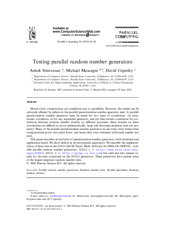 (PDF) Testing parallel random number generators
