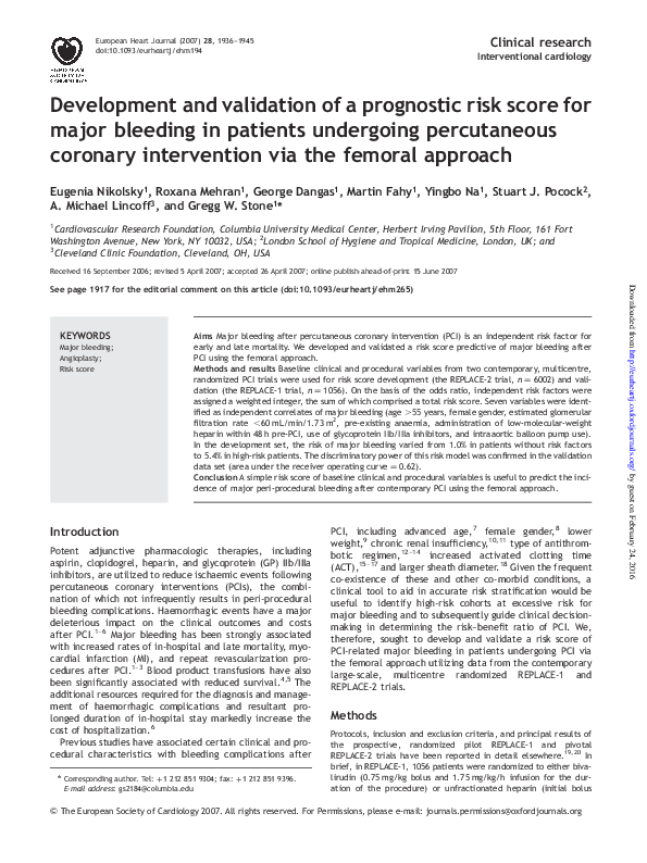 (PDF) Development and validation of a prognostic risk score for major ...