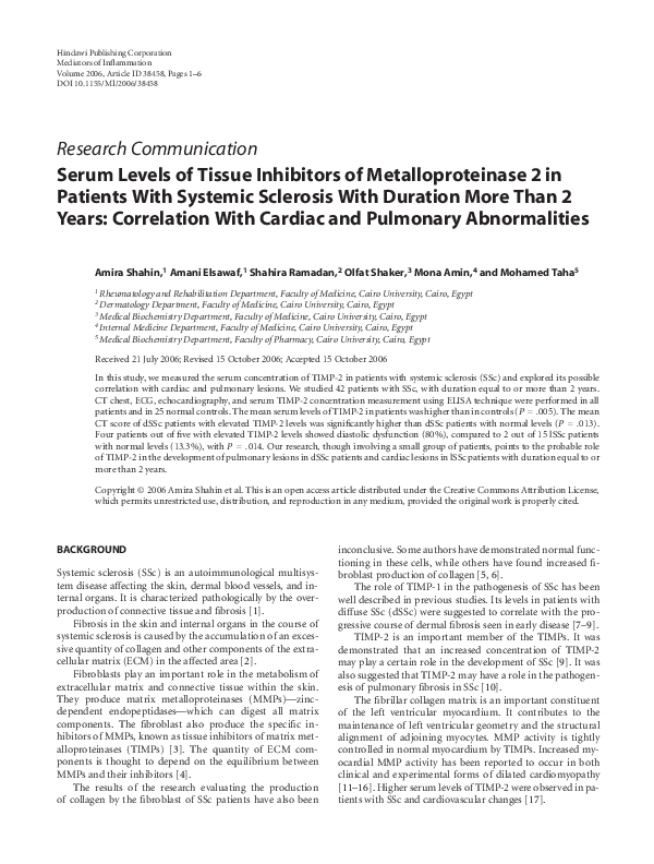 (PDF) Serum Levels of Tissue Inhibitors of Metalloproteinase 2 in ...
