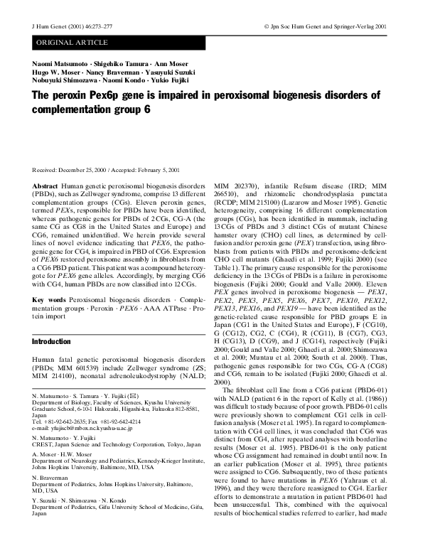 (PDF) The peroxin Pex6p gene is impaired in peroxisomal biogenesis ...