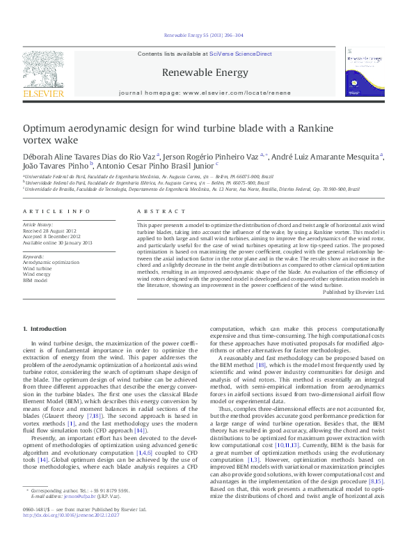 (PDF) Optimum aerodynamic design for wind turbine blade with a Rankine ...