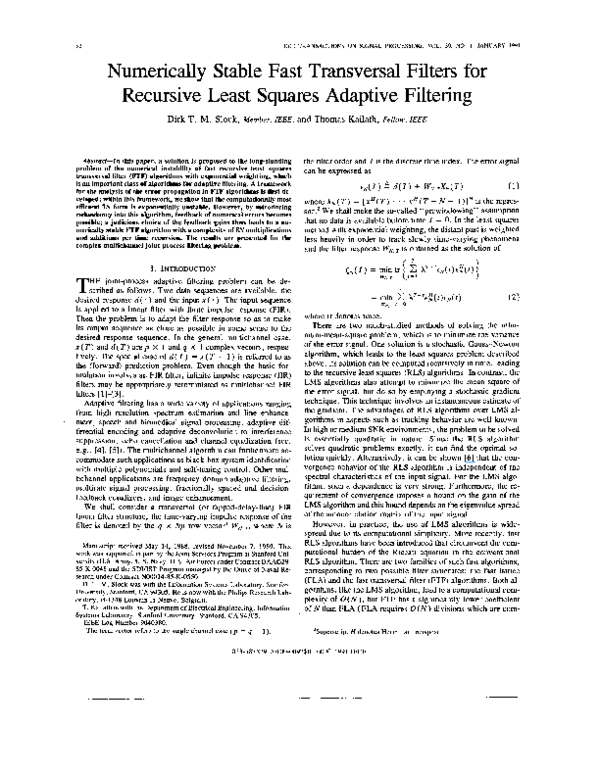 (PDF) Numerically stable fast transversal filters for recursive least ...