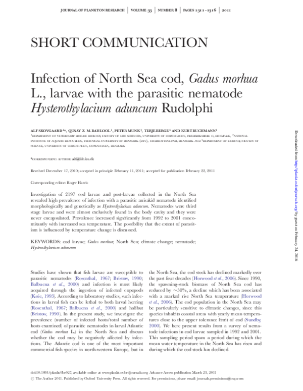 (PDF) Infection of North Sea cod, Gadus morhua L., larvae with the ...