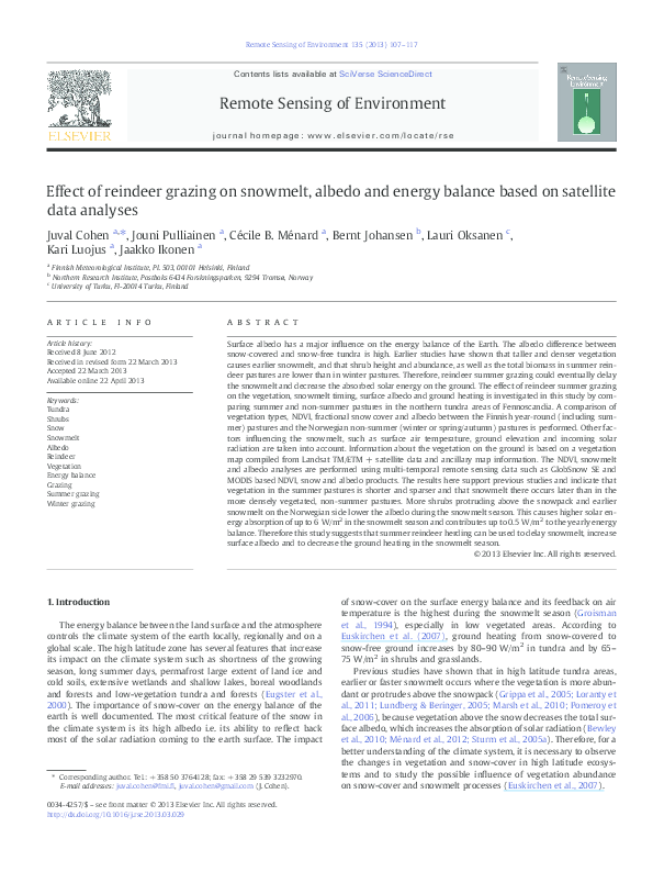 (PDF) Effect of reindeer grazing on snowmelt, albedo and energy balance ...