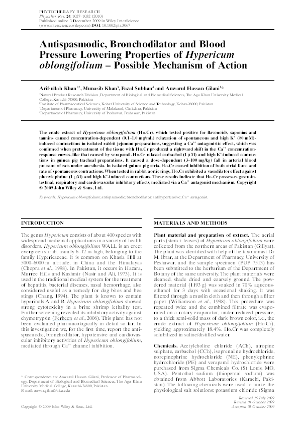 (PDF) Antispasmodic, bronchodilator and blood pressure lowering