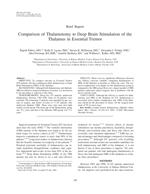 (PDF) Comparison of thalamotomy to deep brain stimulation of the ...