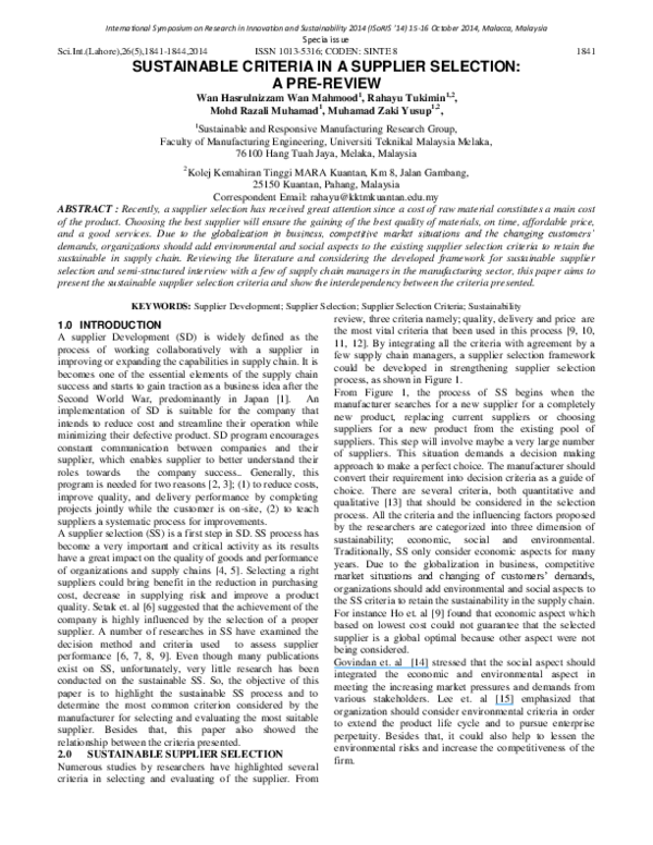 (PDF) Sustainable Criteria in a Supplier Selection: A Pre-Review