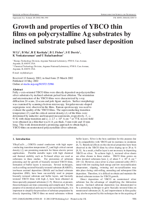 (PDF) Growth and properties of YBCO thin films on polycrystalline Ag ...